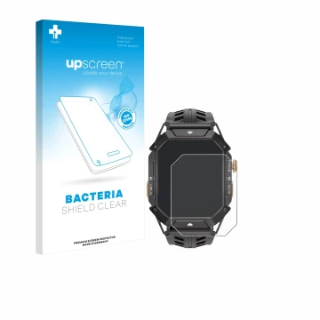 Parte frontal de un envase de producto con el logotipo de la marca upscreen. Al lado se muestra el dispositivo Oukitel BT80 co