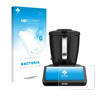 Parte frontal de un envase de producto con el logotipo de la marca upscreen. Al lado se muestra el dispositivo Vorwerk Bimby T