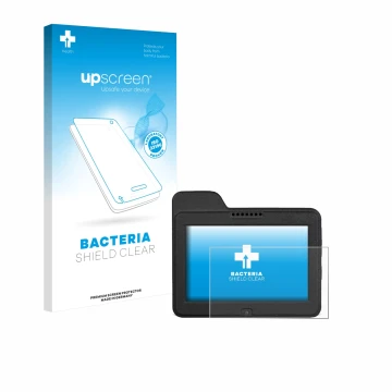 Parte frontal de un envase de producto con el logotipo de la marca upscreen. Al lado se muestra el dispositivo Naviter Omni co