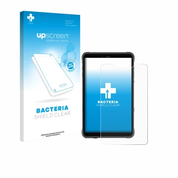 Parte frontal de un envase de producto con el logotipo de la marca upscreen. Al lado se muestra el dispositivo Ulefone Armor P