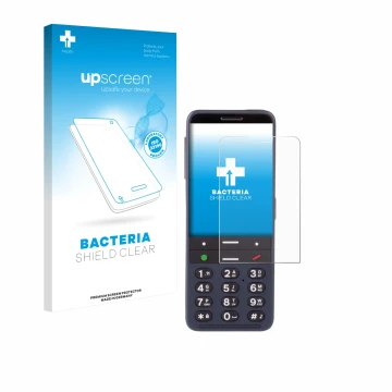 Parte frontal de un envase de producto con el logotipo de la marca upscreen. Al lado se muestra el dispositivo BlindShell Clas