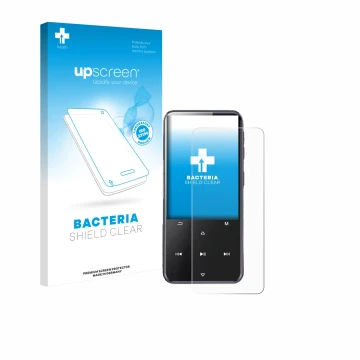 Parte frontal de un envase de producto con el logotipo de la marca upscreen. Al lado se muestra el dispositivo AGPtek M3 con s