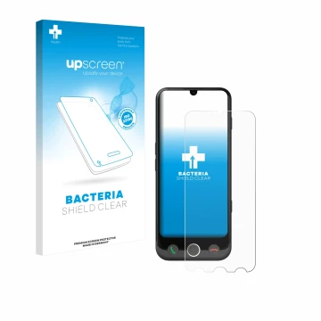 Parte frontal de un envase de producto con el logotipo de la marca upscreen. Al lado se muestra el dispositivo Doro Aurora A30