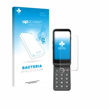 Parte frontal de un envase de producto con el logotipo de la marca upscreen. Al lado se muestra el dispositivo Doro Aurora A20