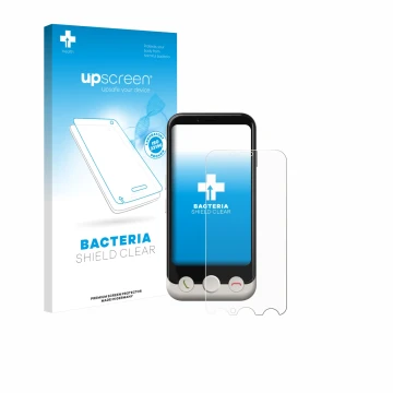Parte frontal de un envase de producto con el logotipo de la marca upscreen. Al lado se muestra el dispositivo Doro Aurora A10