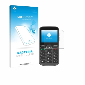 Parte frontal de un envase de producto con el logotipo de la marca upscreen. Al lado se muestra el dispositivo Doro 1380 con s