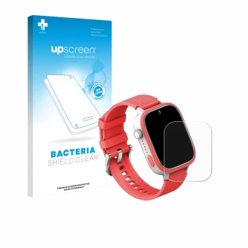 Parte frontal de un envase de producto con el logotipo de la marca upscreen. Al lado se muestra el dispositivo AngelTech Kids 