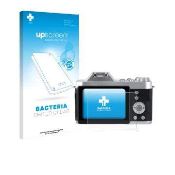 Parte frontal de un envase de producto con el logotipo de la marca upscreen. Al lado se muestra el dispositivo Rollei Powerfle