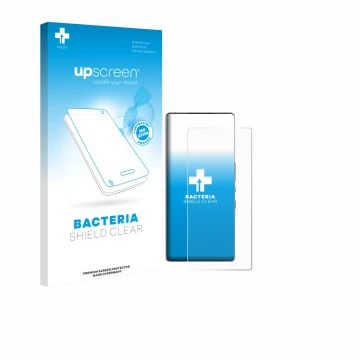 Parte frontal de un envase de producto con el logotipo de la marca upscreen. Al lado se muestra el dispositivo ZTE Nubia Red M
