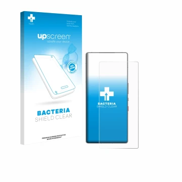 Parte frontal de un envase de producto con el logotipo de la marca upscreen. Al lado se muestra el dispositivo ZTE Nubia Red M