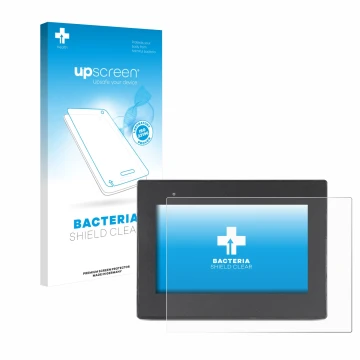 Parte frontal de un envase de producto con el logotipo de la marca upscreen. Al lado se muestra el dispositivo Weintek cMT2078