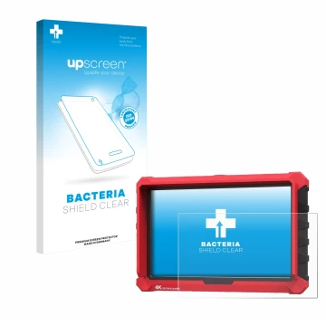 Parte frontal de un envase de producto con el logotipo de la marca upscreen. Al lado se muestra el dispositivo Lilliput A7s 7