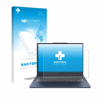 Parte frontal de un envase de producto con el logotipo de la marca upscreen. Al lado se muestra el dispositivo Lenovo IdeaPad 