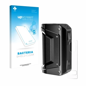 Parte frontal de un envase de producto con el logotipo de la marca upscreen. Al lado se muestra el dispositivo GeekVape Aegis 