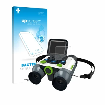 Parte frontal de un envase de producto con el logotipo de la marca upscreen. Al lado se muestra el dispositivo Vtech Binocular