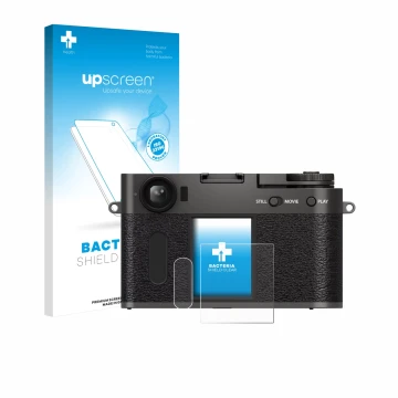 Parte frontal de un envase de producto con el logotipo de la marca upscreen. Al lado se muestra el dispositivo Fujifilm X Half