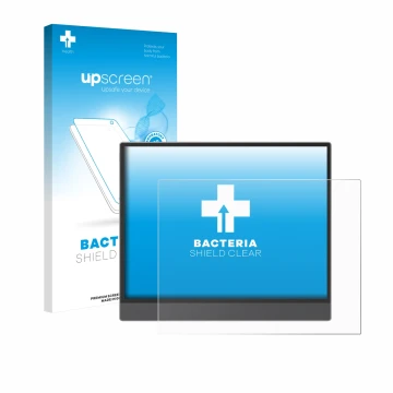 Parte frontal de un envase de producto con el logotipo de la marca upscreen. Al lado se muestra el dispositivo Boox Tab X C co