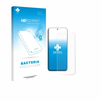 Parte frontal de un envase de producto con el logotipo de la marca upscreen. Al lado se muestra el dispositivo Huawei Pura 80 