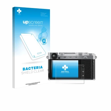 Parte frontal de un envase de producto con el logotipo de la marca upscreen. Al lado se muestra el dispositivo Fujifilm X-E5 c