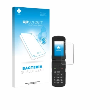 Parte frontal de un envase de producto con el logotipo de la marca upscreen. Al lado se muestra el dispositivo AGM M10 con su 