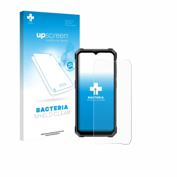 Parte frontal de un envase de producto con el logotipo de la marca upscreen. Al lado se muestra el dispositivo Blackview BL700