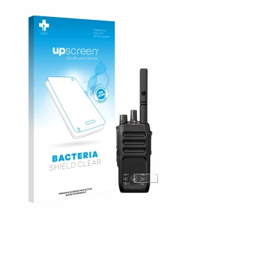 Parte frontal de un envase de producto con el logotipo de la marca upscreen. Al lado se muestra el dispositivo Motorola MOTOTR