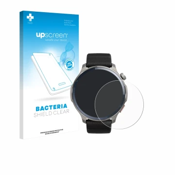 Parte frontal de un envase de producto con el logotipo de la marca upscreen. Al lado se muestra el dispositivo Huami Amazfit B