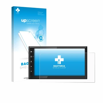 Parte frontal de un envase de producto con el logotipo de la marca upscreen. Al lado se muestra el dispositivo Kenwood DMX6523