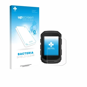 Parte frontal de un envase de producto con el logotipo de la marca upscreen. Al lado se muestra el dispositivo Garmin Edge MTB