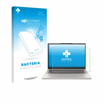 Parte frontal de un envase de producto con el logotipo de la marca upscreen. Al lado se muestra el dispositivo Lenovo Chromebo