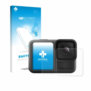 Parte frontal de un envase de producto con el logotipo de la marca upscreen. Al lado se muestra el dispositivo GoPro Hero 13 B