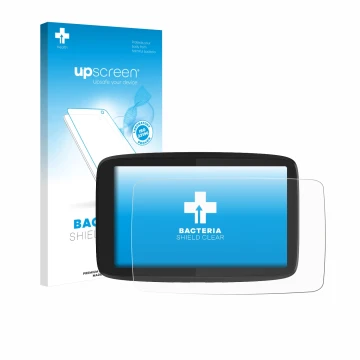 Parte frontal de un envase de producto con el logotipo de la marca upscreen. Al lado se muestra el dispositivo TomTom GO Campe