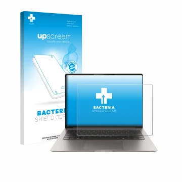 Parte frontal de un envase de producto con el logotipo de la marca upscreen. Al lado se muestra el dispositivo Honor MagicBook