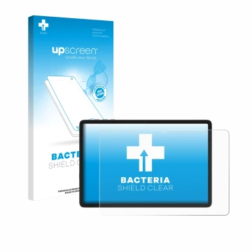 Parte frontal de un envase de producto con el logotipo de la marca upscreen. Al lado se muestra el dispositivo Tabwee T20 10.1