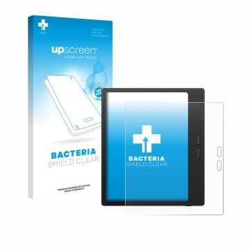 Parte frontal de un envase de producto con el logotipo de la marca upscreen. Al lado se muestra el dispositivo Boox Go Color 7