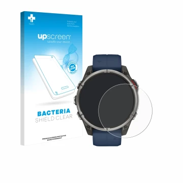 Parte frontal de un envase de producto con el logotipo de la marca upscreen. Al lado se muestra el dispositivo Garmin quatix 8