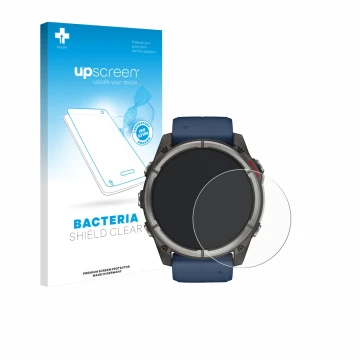 Parte frontal de un envase de producto con el logotipo de la marca upscreen. Al lado se muestra el dispositivo Garmin quatix 8