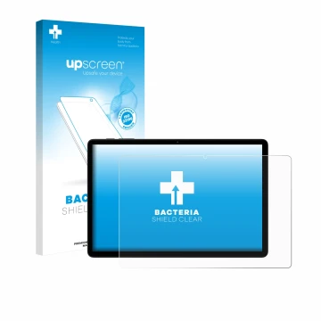 Parte frontal de un envase de producto con el logotipo de la marca upscreen. Al lado se muestra el dispositivo Doogee Tab G6 c