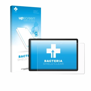 Parte frontal de un envase de producto con el logotipo de la marca upscreen. Al lado se muestra el dispositivo Doogee Tab G6 P