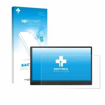 Parte frontal de un envase de producto con el logotipo de la marca upscreen. Al lado se muestra el dispositivo ASUS ZenScreen 