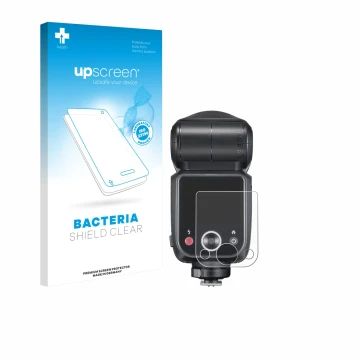 Parte frontal de un envase de producto con el logotipo de la marca upscreen. Al lado se muestra el dispositivo Godox V100 con 