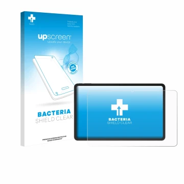 Parte frontal de un envase de producto con el logotipo de la marca upscreen. Al lado se muestra el dispositivo Doogee V Pad 12