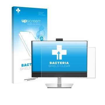 Parte frontal de un envase de producto con el logotipo de la marca upscreen. Al lado se muestra el dispositivo Dell Pro 24 All