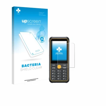 Parte frontal de un envase de producto con el logotipo de la marca upscreen. Al lado se muestra el dispositivo Ulefone Armor M