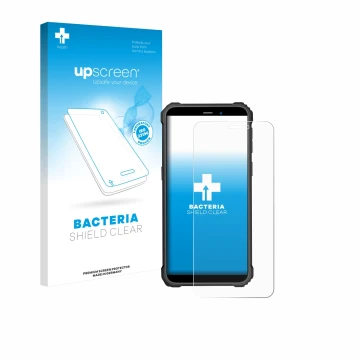 Parte frontal de un envase de producto con el logotipo de la marca upscreen. Al lado se muestra el dispositivo Oukitel WP32 Pr