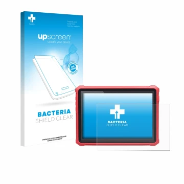 Parte frontal de un envase de producto con el logotipo de la marca upscreen. Al lado se muestra el dispositivo Launch X-431 Pr