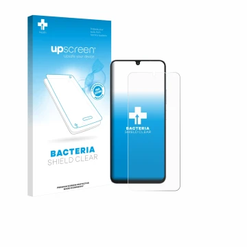 Parte frontal de un envase de producto con el logotipo de la marca upscreen. Al lado se muestra el dispositivo Blackview Shark