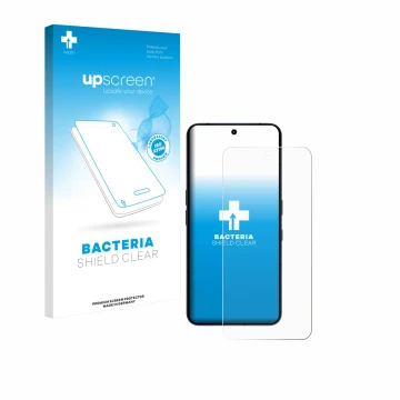 Parte frontal de un envase de producto con el logotipo de la marca upscreen. Al lado se muestra el dispositivo Nothing Phone (