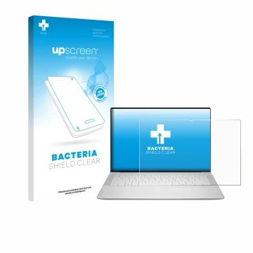 Parte frontal de un envase de producto con el logotipo de la marca upscreen. Al lado se muestra el dispositivo Dell 14 Premium