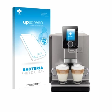Parte frontal de un envase de producto con el logotipo de la marca upscreen. Al lado se muestra el dispositivo Nivona NICR 930